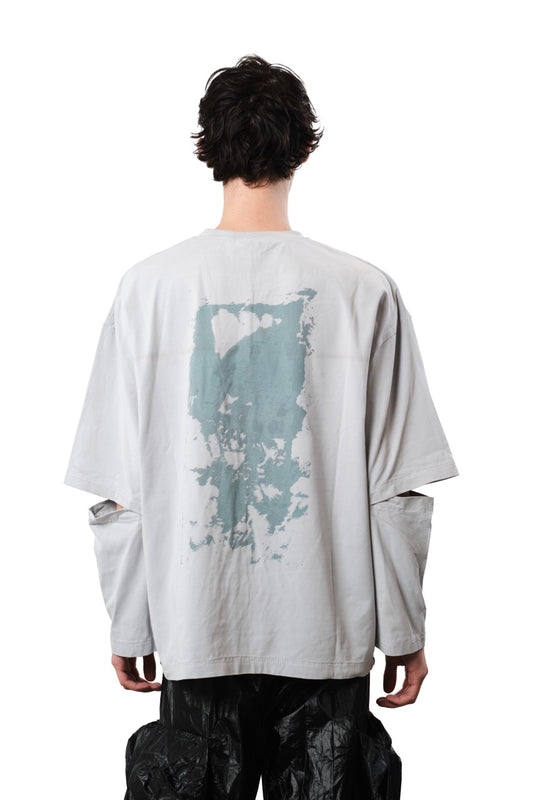 Back Print Long Sleeve Tee with Elbow Slit - Blue