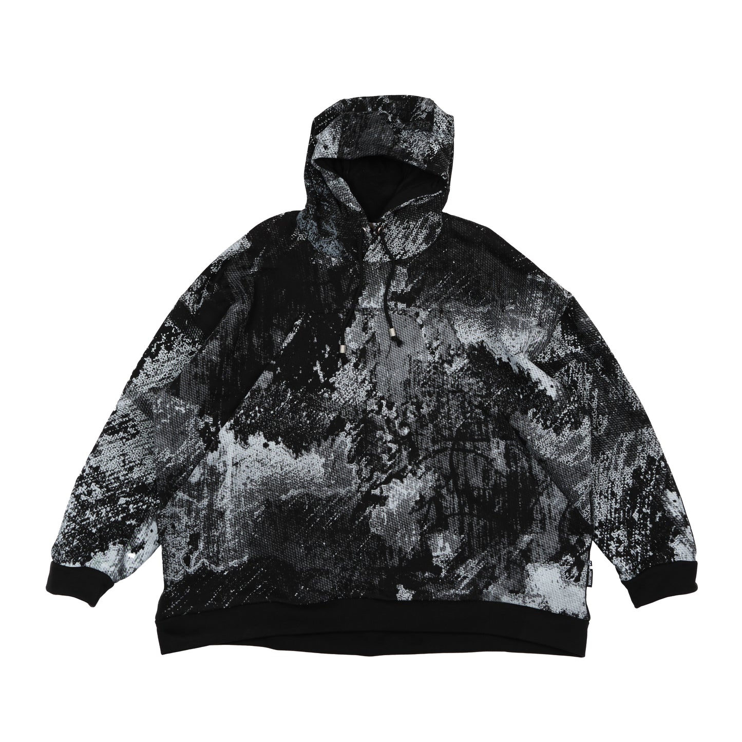 Oversized Black Graphic Hoodie — Grey & White Texture Print