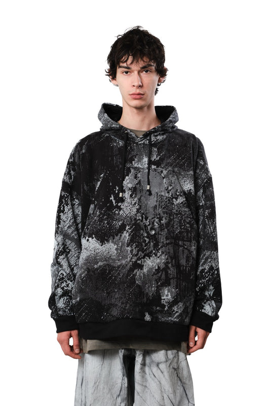 Oversized Black Graphic Hoodie — Grey & White Texture Print