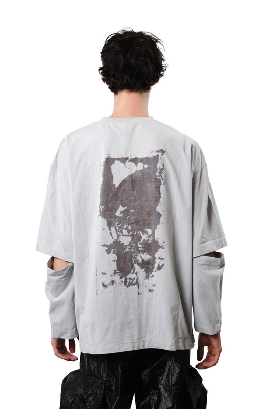 Back Print Long Sleeve Tee with Elbow Slit - Red