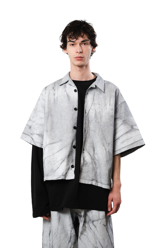 Boxy Coated Denim Shirt — Marble Wash